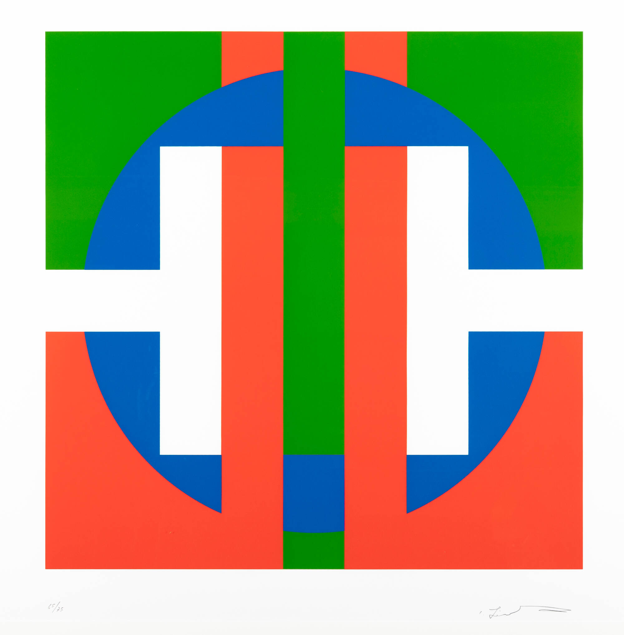 Abstract artwork with circular and square shapes in blue, green, red, and white.